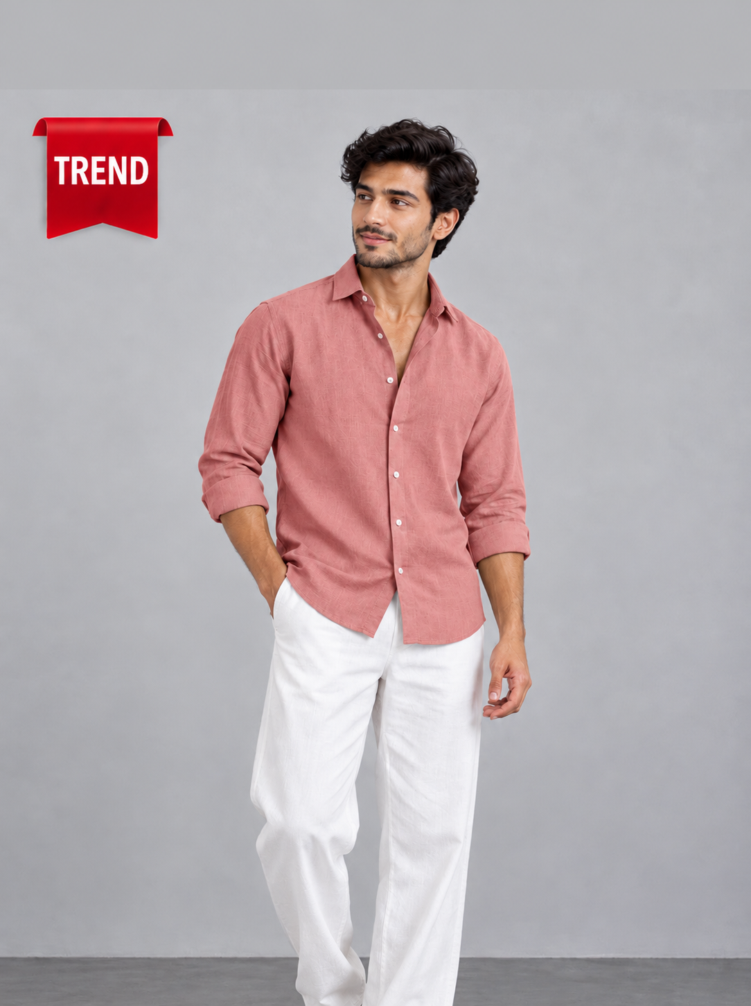 Light terracotta linen shirt – front view with TREND badge