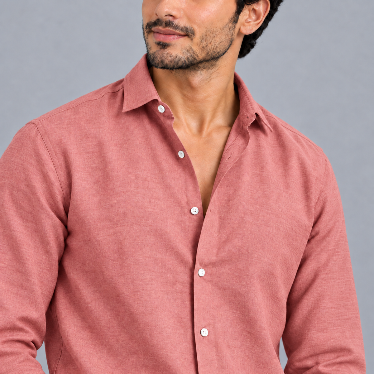 Light terracotta linen shirt – collar and fabric detail